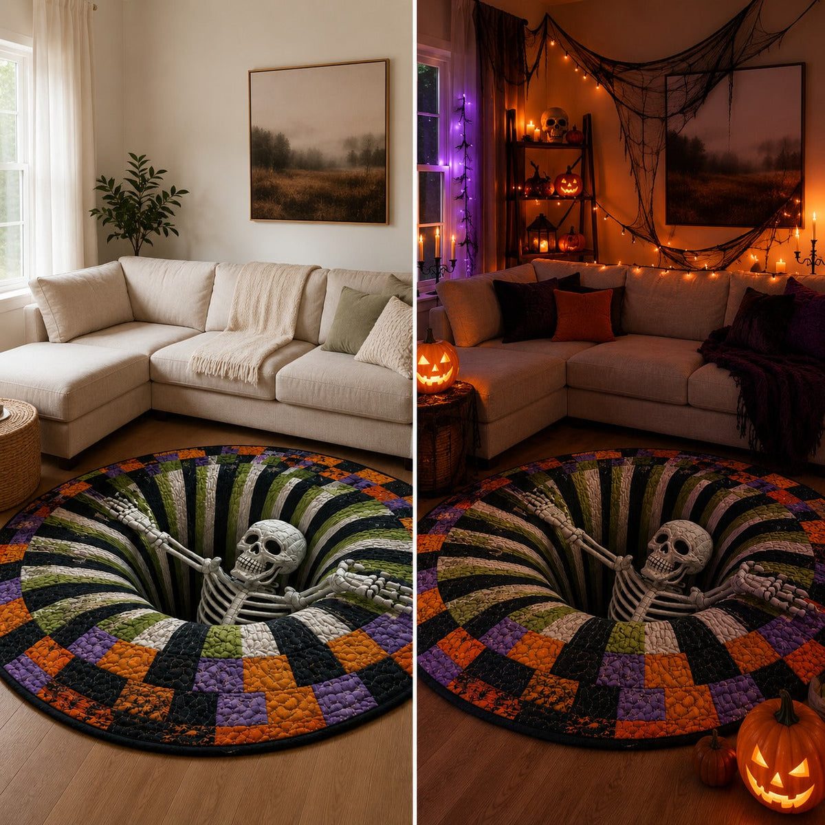 💀Halloween 3D Bottomless Illusion Rug Skeleton Pit Non-Slip Crystal Velvet Mat 🎃